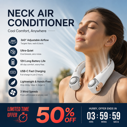 🥳2026 HOT SALE🥳💞50K+ SOLD!🍃 Neck Air Conditioner Fan – Ultra‑quiet, 360° rotating, 3 speeds. Hands‑free cooling, long battery. Summer essential! 😎🌬️